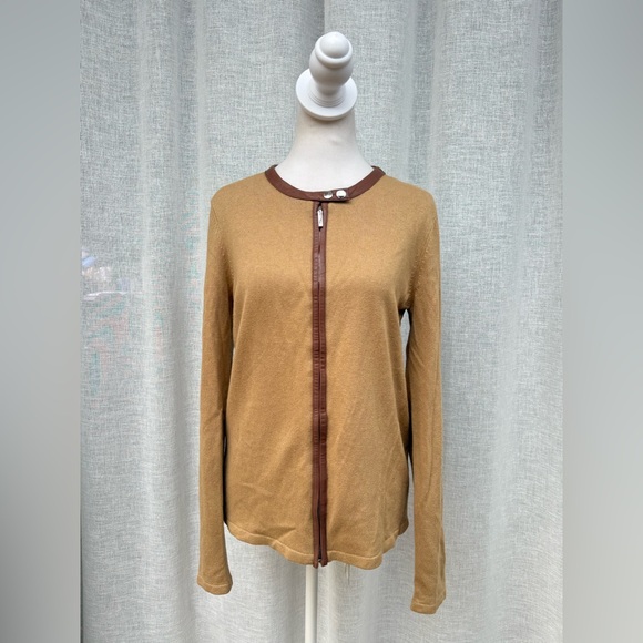 Lauren Ralph Lauren brown tan zipper cashmere silk jacket cardigan - Picture 2 of 10